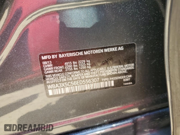 2014 BMW 3 Series 328i Gran Turismo xDrive with VIN WBA3X5C56ED556307, listed as a Copart auction lot 63501095 with 76,033 mi miles and Salvage title. Bid and sale history available at DreamBid. Image 13.