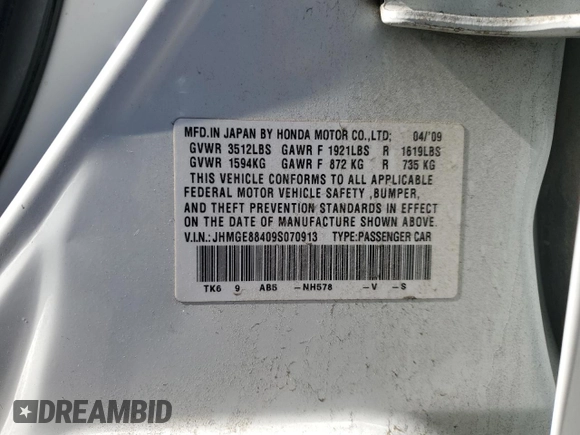 2009 Honda Fit Sport with VIN JHMGE88409S070913, listed as a Copart auction lot 58187375 with 220,913 mi miles and Salvage title. Bid and sale history available at DreamBid. Image 12.