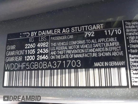 2011 Mercedes-Benz E-Class E 350 Luxury with VIN WDDHF5GB0BA371703, listed as a IAAI auction lot 42009783 with 161,771 mi miles. Bid and sale history available at carsss.com. Image 9.