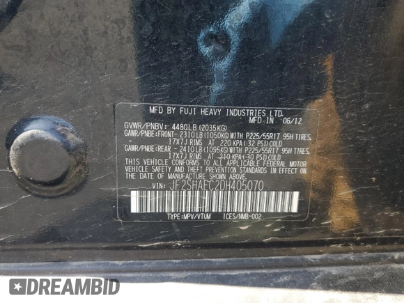2013 Subaru Forester X Limited с VIN JF2SHAEC2DH405070, выставлен на аукционе Copart как лот 61642095 с пробегом 162 255 миль миль и Списание • Salvage title. История ставок и продаж доступна на DreamBid. Изображение 13.