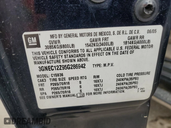 2005 Chevrolet Avalanche Z66 with VIN 3GNEC12Z95G286942, listed as a Copart auction lot 53997305 with 186,714 mi miles and Salvage title. Bid and sale history available at DreamBid. Image 12.