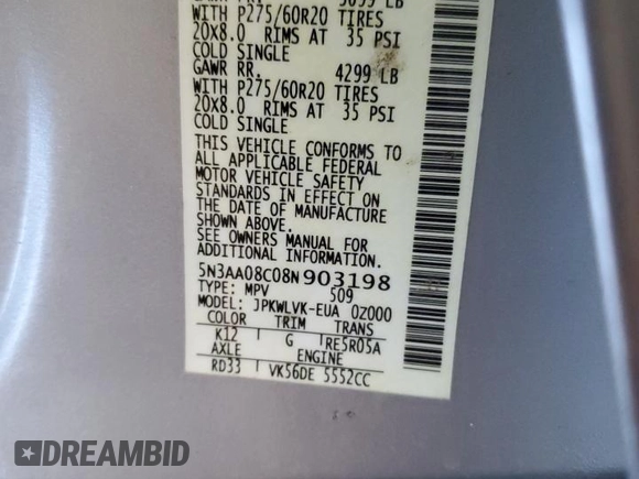 2008 Infiniti QX56 with VIN 5N3AA08C08N903198, listed as a Copart auction lot 54974815 with Not Provided miles and Clean Title. Bid and sale history available at DreamBid. Image 14.