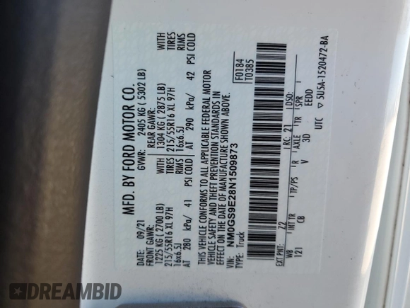 2022 Ford Transit Connect XL with VIN NM0GS9E28N1509873, listed as a Copart auction lot 46811895 with 51,942 mi miles and Salvage title. Bid and sale history available at DreamBid. Image 13.