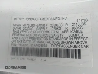 2019 Honda Accord Sport with VIN 1HGCV1F31KA009018, listed as a IAAI auction lot 38595783 with Not Provided miles and . Bid and sale history available at DreamBid. Image 9.
