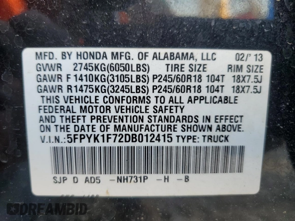 2013 Honda Ridgeline Sport with VIN 5FPYK1F72DB012415, listed as a Copart auction lot 76933314 with 97,727 mi miles and Clean Title. Bid and sale history available at carsss.com. Image 12.
