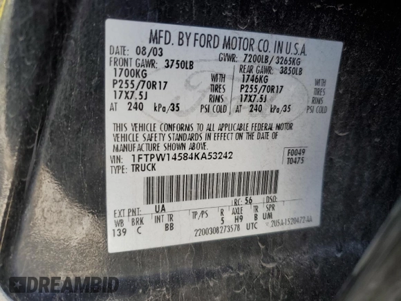 2004 Ford F-150 XLT with VIN 1FTPW14584KA53242, listed as a Copart auction lot 46935315 with 281,610 mi miles and Salvage Title. Bid and sale history available at carsss.com. Image 12.