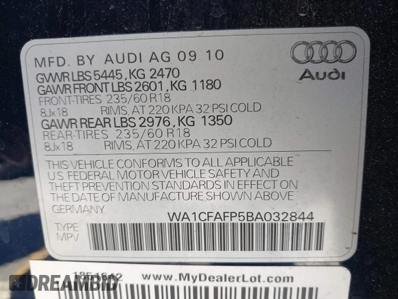 2011 Audi Q5 Premium z VIN WA1CFAFP5BA032844, wystawiony jako IAAI lot #42226412 z przebiegiem 148 649 mil mil oraz . Historia ofert i sprzedaży dostępna na DreamBid. Obrazek 9.