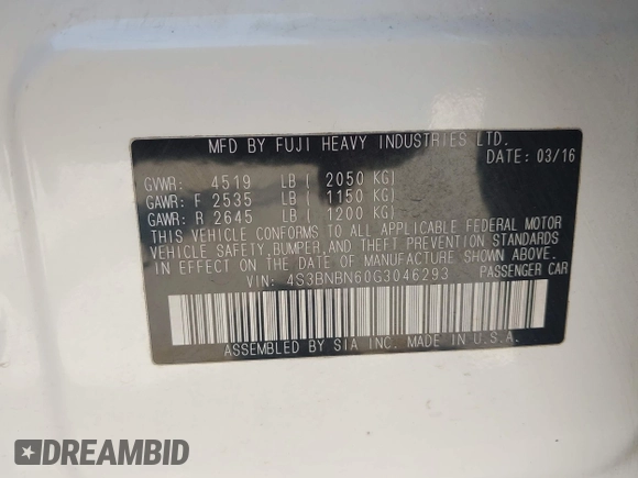 2016 Subaru Legacy Limited with VIN 4S3BNBN60G3046293, listed as a IAAI auction lot 42020868 with 163,789 mi miles and . Bid and sale history available at DreamBid. Image 9.