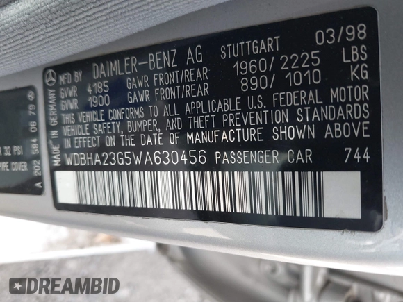 1998 Mercedes-Benz C 230/260/280/320 with VIN WDBHA23G5WA630456, listed as a IAAI auction lot 41714823 with 201,619 mi miles and . Bid and sale history available at carsss.com. Image 9.