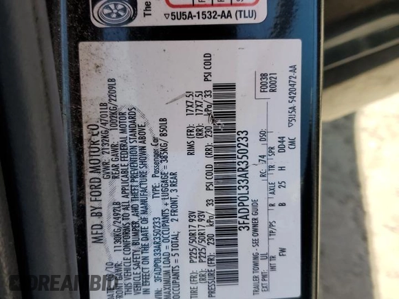 2010 Ford Fusion Hybrid with VIN 3FADP0L33AR350233, listed as a Copart auction lot 59639725 with 96,587 mi miles and Salvage title. Bid and sale history available at DreamBid. Image 13.