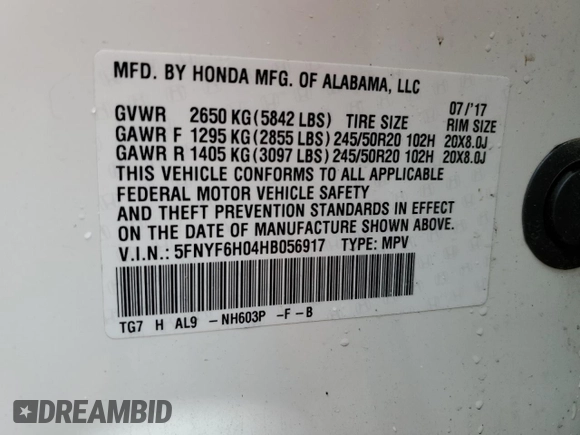 2017 Honda Pilot Elite with VIN 5FNYF6H04HB056917, listed as a Copart auction lot 51770735 with 88,762 mi miles and Salvage Title. Bid and sale history available at DreamBid. Image 13.