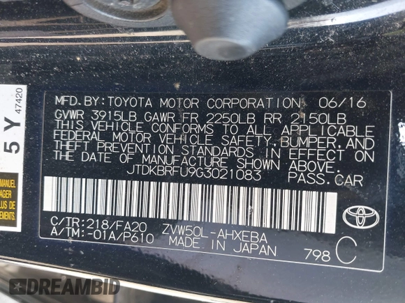2016 Toyota Prius Two with VIN JTDKBRFU9G3021083, listed as a IAAI auction lot 41986733 with 117,227 mi miles and . Bid and sale history available at DreamBid. Image 9.