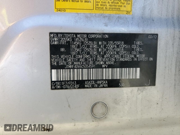 2012 Toyota RAV4 Sport с VIN JTMRF4DV6C5054591, выставлен на аукционе Copart как лот 60939245 с пробегом 218 086 миль миль и Чистый • Clean title. История ставок и продаж доступна на DreamBid. Изображение 12.