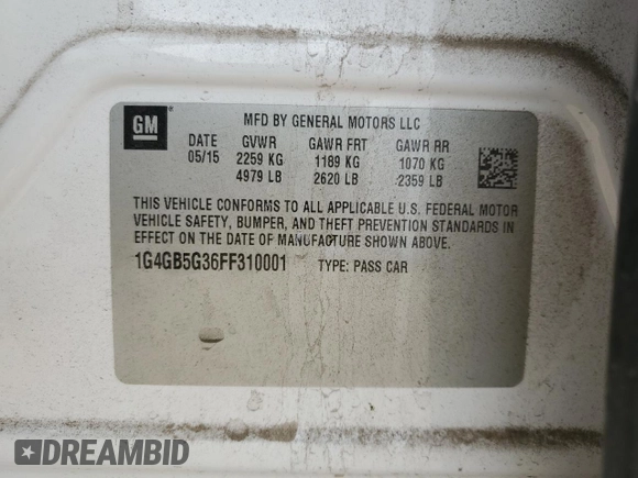 2015 Buick LaCrosse Leather with VIN 1G4GB5G36FF310001, listed as a Copart auction lot 56019685 with 206,299 mi miles and Salvage Title. Bid and sale history available at DreamBid. Image 12.