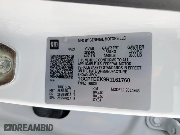2024 Chevrolet Colorado 4WD Trail Boss z VIN 1GCPTEEK9R1161760, wystawiony jako Copart lot #58703945 z przebiegiem Nie podano mil oraz Szkoda całkowita • Salvage title. Historia ofert i sprzedaży dostępna na DreamBid. Obrazek 12.