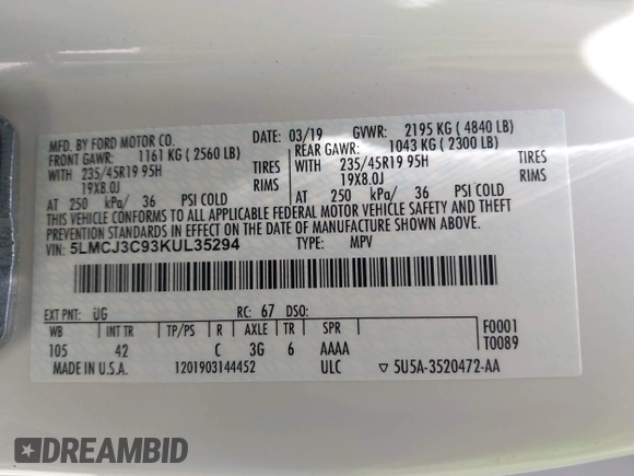 2019 Lincoln MKC Reserve с VIN 5LMCJ3C93KUL35294, выставлен на аукционе IAAI как лот 41978877 с пробегом 41 855 миль миль и . История ставок и продаж доступна на DreamBid. Изображение 9.