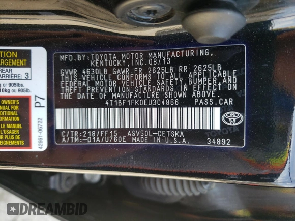 2014 Toyota Camry L with VIN 4T1BF1FK0EU304866, listed as a Copart auction lot 49489535 with 322,597 mi miles and Salvage Title. Bid and sale history available at carsss.com. Image 12.