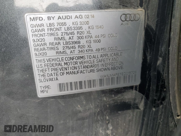 2014 Audi Q7 Premium Plus с VIN WA1LMAFE7ED015728, выставлен на аукционе Copart как лот 43236795 с пробегом 162 511 миль миль и Списание • Salvage title. История ставок и продаж доступна на DreamBid. Изображение 12.