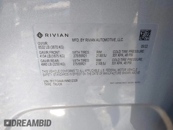 2022 Rivian R1T Adventure Package with VIN 7FCTGAAA1NN012328, listed as a IAAI auction lot 41307929 with 13,588 mi miles. Bid and sale history available at carsss.com. Image 9.