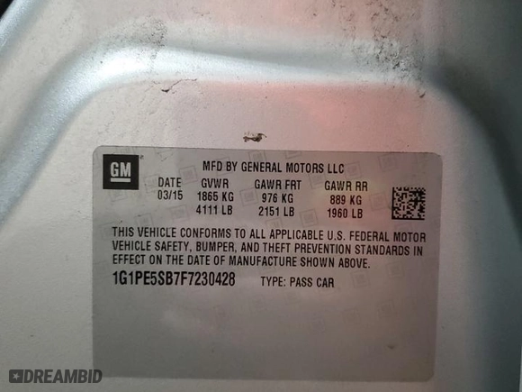 2015 Chevrolet Cruze LT with VIN 1G1PE5SB7F7230428, listed as a Copart auction lot 50647715 with 109,632 mi miles and Salvage Title. Bid and sale history available at carsss.com. Image 14.