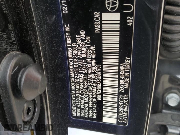 2018 Toyota C-HR XLE with VIN NMTKHMBX8JR001705, listed as a Copart auction lot 57764705 with 92,847 mi miles and Salvage title. Bid and sale history available at DreamBid. Image 12.