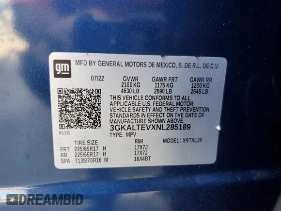 2022 GMC Terrain SLE with VIN 3GKALTEVXNL285189, listed as a Copart auction lot 54359335 with 55,682 mi miles and Non repairable. Bid and sale history available at DreamBid. Image 13.