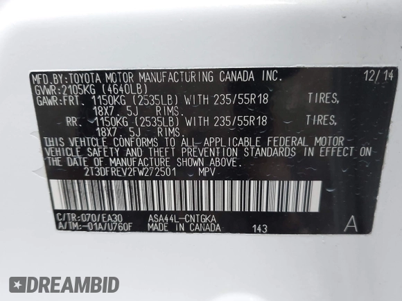 2015 Toyota RAV4 Limited with VIN 2T3DFREV2FW272501, listed as a IAAI auction lot 42496886 with 100,356 mi miles and . Bid and sale history available at DreamBid. Image 9.