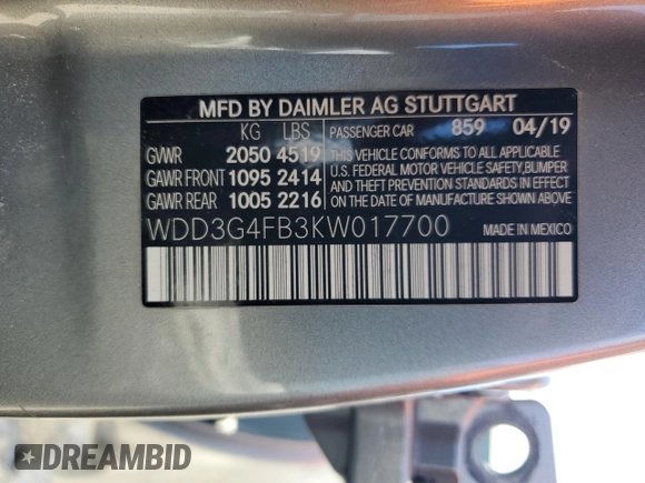 2019 Mercedes-Benz A 220 with VIN WDD3G4FB3KW017700, listed as a Copart auction lot 48054685 with 55,296 mi miles and Clean Title. Bid and sale history available at DreamBid. Image 12.