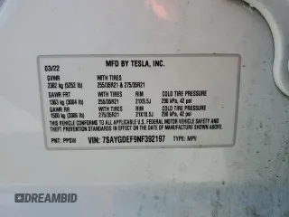 2022 Tesla Model Y Performance with VIN 7SAYGDEF9NF392197, listed as a Copart auction lot 57259105 with 43,400 mi miles and Salvage title. Bid and sale history available at DreamBid. Image 12.