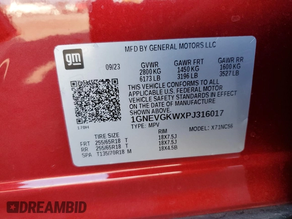 2023 Chevrolet Traverse LT Cloth with VIN 1GNEVGKWXPJ316017, listed as a Copart auction lot 68562704 with 0 mi miles and Salvage Title. Bid and sale history available at carsss.com. Image 14.