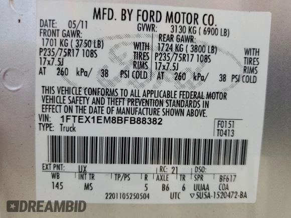 2011 Ford F-150 XL with VIN 1FTEX1EM8BFB88382, listed as a Copart auction lot 46540635 with 114,053 mi miles and Clean Title. Bid and sale history available at DreamBid. Image 12.