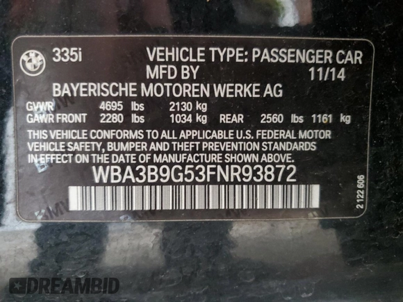 2015 BMW 3 Series 335i xDrive with VIN WBA3B9G53FNR93872, listed as a Copart auction lot 60105305 with 45,776 mi miles and Salvage title. Bid and sale history available at DreamBid. Image 12.
