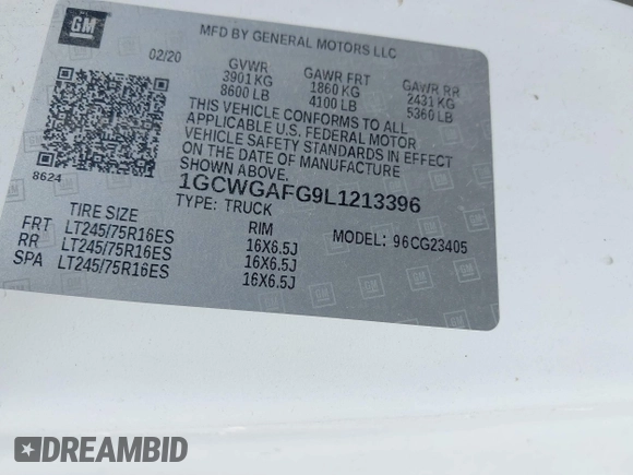 2020 Chevrolet Express Cargo Van with VIN 1GCWGAFG9L1213396, listed as a IAAI auction lot 42049377 with 122,571 mi miles. Bid and sale history available at carsss.com. Image 9.