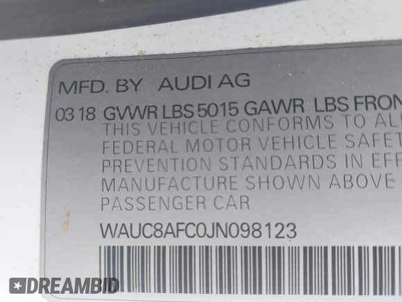 2018 Audi A6 Premium with VIN WAUC8AFC0JN098123, listed as a IAAI auction lot 41990057 with 1 mi miles. Bid and sale history available at carsss.com. Image 9.