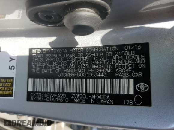 2016 Toyota Prius Two z VIN JTDKBRFU0G3003443, wystawiony jako Copart lot #55075345 z przebiegiem 183 167 mil mil oraz Szkoda całkowita • Salvage title. Historia ofert i sprzedaży dostępna na DreamBid. Obrazek 14.