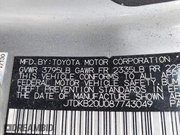 2008 Toyota Prius z VIN JTDKB20U087743049, wystawiony jako IAAI lot #42373258 z przebiegiem 221 497 mil mil oraz . Historia ofert i sprzedaży dostępna na DreamBid. Obrazek 9.