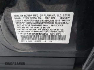 2008 Honda Pilot EX-L with VIN 5FNYF18588B050066, listed as a IAAI auction lot 41649007 with 172,018 mi miles. Bid and sale history available at carsss.com. Image 9.