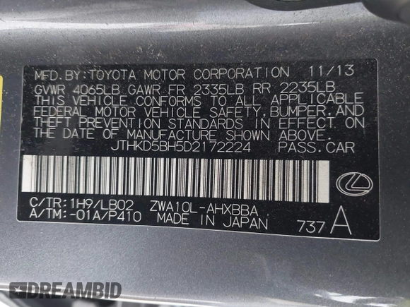 2013 Lexus CT 200h z VIN JTHKD5BH5D2172224, wystawiony jako IAAI lot #41910672 z przebiegiem 160 411 mil mil oraz . Historia ofert i sprzedaży dostępna na DreamBid. Obrazek 9.