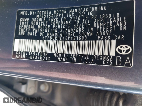 2016 Toyota Corolla L with VIN 5YFBURHE4GP481680, listed as a IAAI auction lot 42264002 with 125,550 mi miles and . Bid and sale history available at DreamBid. Image 9.
