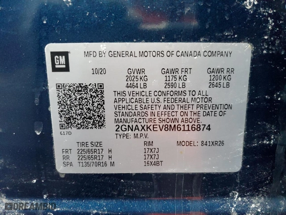 2021 Chevrolet Equinox LT with VIN 2GNAXKEV8M6116874, listed as a Copart auction lot 44733775 with 56,565 mi miles and Salvage Title. Bid and sale history available at carsss.com. Image 12.
