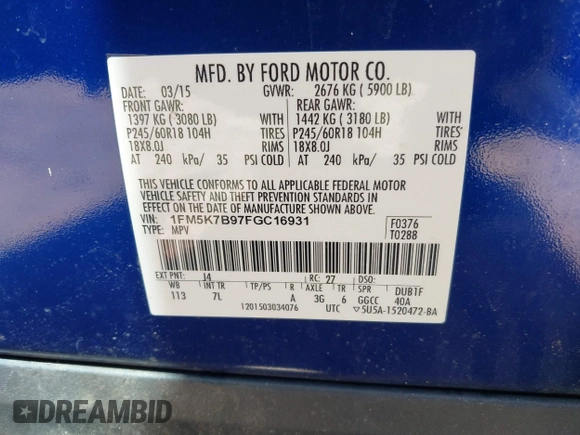 2015 Ford Explorer with VIN 1FM5K7B97FGC16931, listed as a IAAI auction lot 41807437 with 165,398 mi miles and . Bid and sale history available at DreamBid. Image 9.