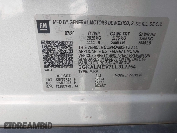 2020 GMC Terrain SLE with VIN 3GKALMEV7LL312254, listed as a IAAI auction lot 41865782 with 86,876 mi miles. Bid and sale history available at carsss.com. Image 9.