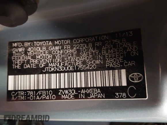 2014 Toyota Prius Four with VIN JTDKN3DU0E1755420, listed as a IAAI auction lot 41546724 with 192,829 mi miles. Bid and sale history available at carsss.com. Image 9.