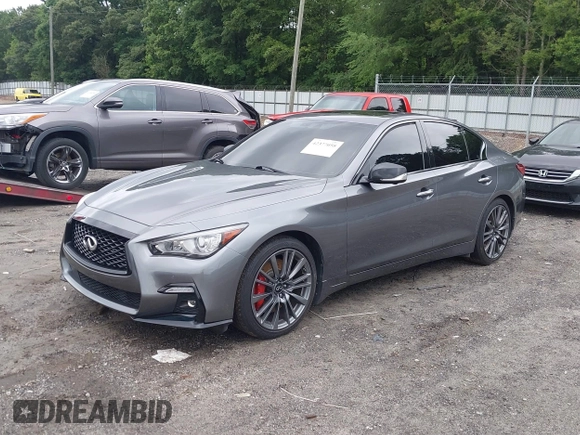 2021 Infiniti Q50 Red Sport 400 with VIN JN1FV7DR2MM880505, listed as a IAAI auction lot 42377058 with 59,618 mi miles and . Bid and sale history available at DreamBid. Image 2.