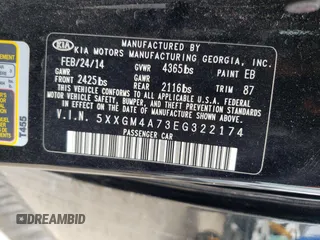 2014 Kia Optima LX z VIN 5XXGM4A73EG322174, wystawiony jako Copart lot #56183635 z przebiegiem 97 173 mil mil oraz Szkoda całkowita • Salvage title. Historia ofert i sprzedaży dostępna na DreamBid. Obrazek 12.