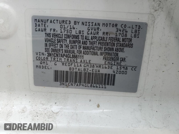 2016 Nissan Versa SV with VIN 3N1CN7AP4GL866111, listed as a Copart auction lot 50427945 with 77,170 mi miles and Clean Title. Bid and sale history available at DreamBid. Image 12.