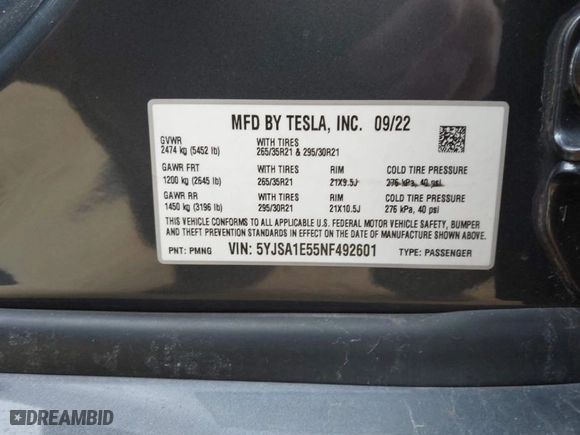2022 Tesla Model S with VIN 5YJSA1E55NF492601, listed as a IAAI auction lot 41391782 with 27,738 mi miles. Bid and sale history available at carsss.com. Image 9.