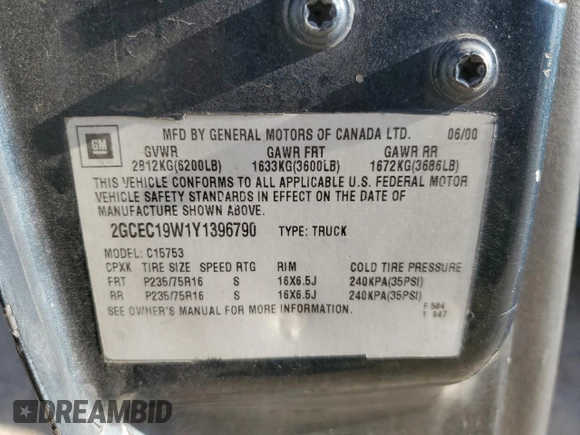 2000 Chevrolet Silverado 1500 with VIN 2GCEC19W1Y1396790, listed as a Copart auction lot 73387324 with 348,603 mi miles and Salvage Title. Bid and sale history available at DreamBid. Image 12.