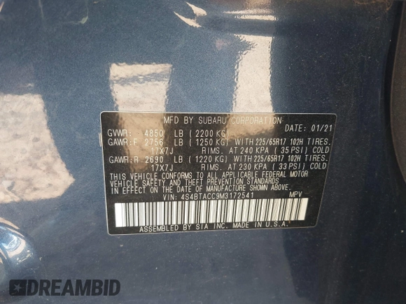 2021 Subaru Outback Premium с VIN 4S4BTACC9M3172541, выставлен на аукционе IAAI как лот 42179694 с пробегом 28 480 миль миль и . История ставок и продаж доступна на DreamBid. Изображение 9.