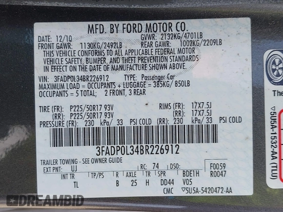 2011 Ford Fusion Hybrid with VIN 3FADP0L34BR226912, listed as a IAAI auction lot 42504379 with 94,107 mi miles and . Bid and sale history available at DreamBid. Image 9.